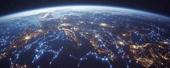 Obraz premium Data flow over earth. Connecting cities for global networks & communication with light effect