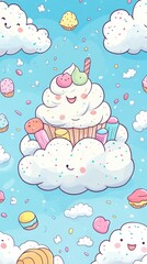 Cartoon cupcakes and clouds float against a light blue background