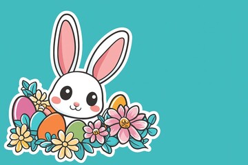 Obraz premium Whimsical Bunny with Colorful Flowers and Easter Eggs - Cartoon Sticker Illustration
