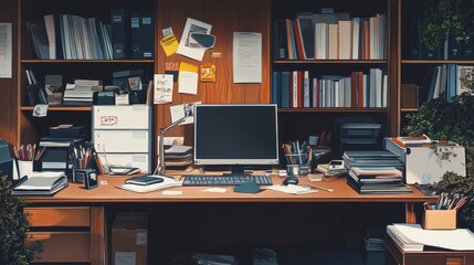 Chaotic desk with computer books and accessories in a office