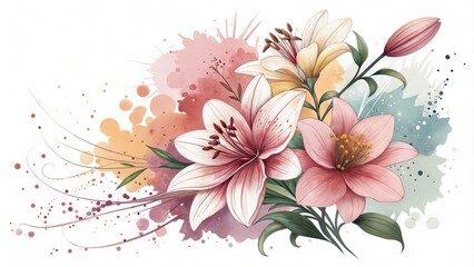 Elegant watercolor floral illustration featuring soft pink and peach lilies with artistic paint splashes on a white background. Ideal for wedding invitations, greeting cards, and decorative prints.