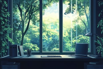 Desk with a laptop facing a forest view outside