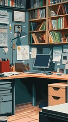 Organized workstation featuring computer paperwork and filled bookshelves above