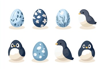 Obraz premium Adorable Cartoon Penguins and Decorative Add Eggs in Blue Tones