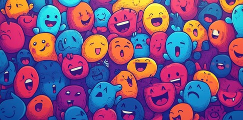 Crowd of colorful cartoon faces displaying various cheerful emotions
