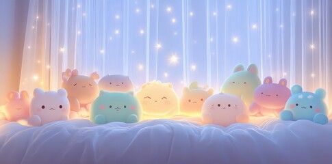 Pastel plush toys sit on a cloud under starlit curtains