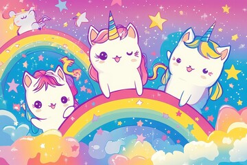 Cute cartoon unicorn cats play in a colorful rainbow sky