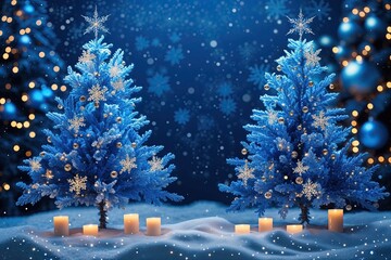 Enchanting Winter Wonderland with Cobalt Blue Snowflakes and Twinkling Lights