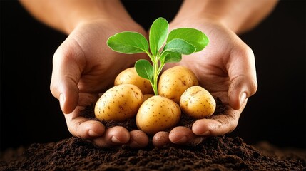 Growing Potato Plant Seedlings in Hands Soil