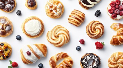 Assorted pastries including danishes, croissants, and sweet rolls on a clean white background