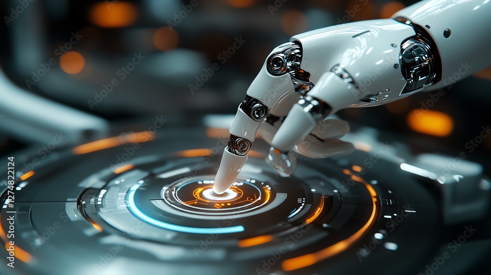 Poster a robot activating a virtual button with precision in a digital workspace, showcasing the concept of