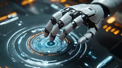 Fototapeta premium A robot activating a virtual button with precision in a digital workspace, showcasing the concept of innovative robotic process automation, clean futuristic design, 3D rendering