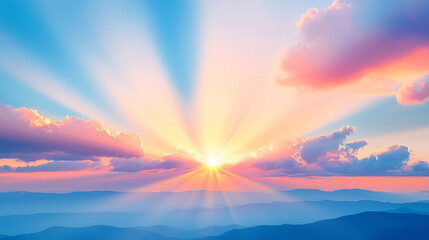 Fototapeta premium A glowing sunset sky with sunbeams piercing dark clouds, showcasing vibrant hues of orange and red. A serene and inspirational scene with dramatic lighting and heavenly atmosphere.