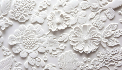 Ornate white floral relief pattern. Decorative embossed flowers on a smooth surface. Ideal for backgrounds, wallpapers, or design inspiration