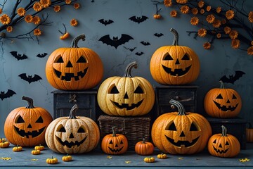 Fun Halloween Pumpkins on a Spooky Grey Background for Celebrations