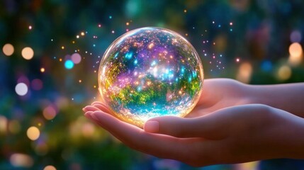 Fototapeta premium Magical Crystal Ball in Hands Glowing with Cosmic Light