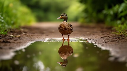 A duck standing on a dirt path by a puddle, reflecting in calm water surrounded by greenery, showcasing nature's tranquility