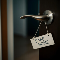 Close up of secure stainless steel home door handle with hanging safe home security tag sign on keyhole