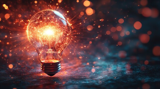 Glowing light bulb at the center, radiating knowledge and creativity, illuminated by colorful rays, energy fields flowing outward, digital concept, highdefinition, 8K
