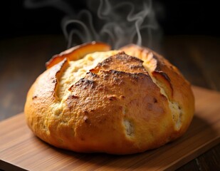  A steaming golden-brown loaf of bread, fresh out of the oven.