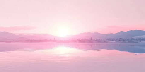 Fototapeta premium Pale pink sunset over mountains reflects in calm water