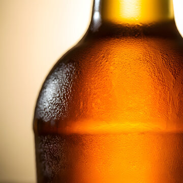 Close up of amber glass bottle with condensation and warm backlight emphasizing texture and transparency