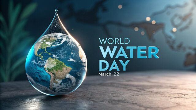 A 3d Earth and water drop hug celebrating world water day with text "World Water Day on March 22" in blue-green colors, tech design with glares 