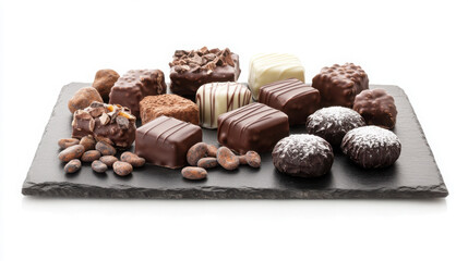 Elegant display of assorted artisan chocolates on slate stone for gourmet presentation