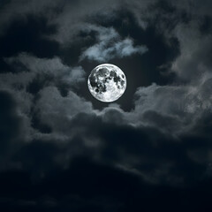 Naklejka premium Bright full moon illuminating swirling dark clouds at night in a moody atmospheric sky