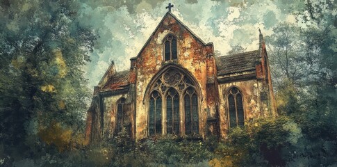 Abandoned gothic church building with a cross surrounded by nature
