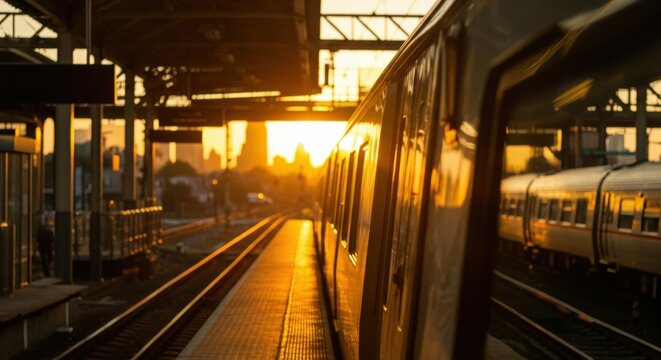 Sunset train station scene with warm light and empty platforms