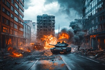 A warzone scene under a foggy night sky features World War soldiers positioned beneath the skyline. The combat involves tanks firing at one another, shrouded in smoke and dust, created through .