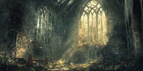Naklejka premium Abandoned gothic church overgrown with vegetation and bathed in sunlight