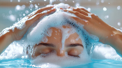 Fototapeta premium Woman relaxing in bath with rich bubble foam lather on hair in serene atmosphere, enjoying peaceful self-care moment