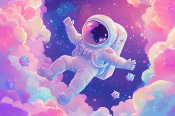 Astronaut enjoys floating through a colorful and dreamy outer space