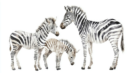 Watercolor style clipart bundle of three zebras, adult and baby, isolated on a white background.