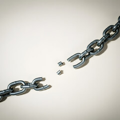 Obraz premium Broken metallic chain links suspended with fragments falling symbolizing freedom and breaking boundaries