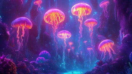Obraz premium A mesmerizing underwater scene with glowing jellyfish in a vibrant ecosystem
