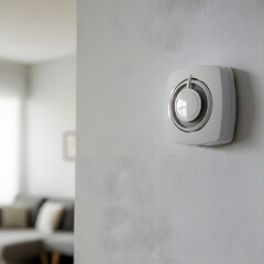 Modern smoke detector mounted on white wall with soft tree shadow enhancing home safety awareness