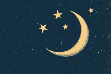 Naklejka premium A crescent moon and stars shine in a dark sky