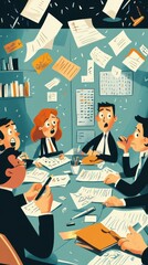 Cartoon illustration of an overwhelmed office meeting with flying papers