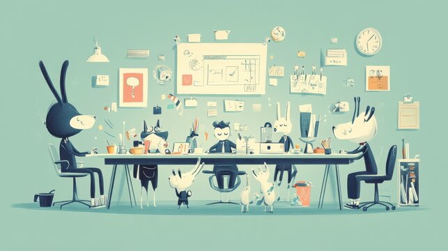 Cartoon animals dressed in business attire collaborate in a meeting