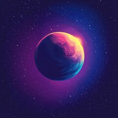 Fototapeta premium Colorful planet dominates a star speckled purple and blue cosmos