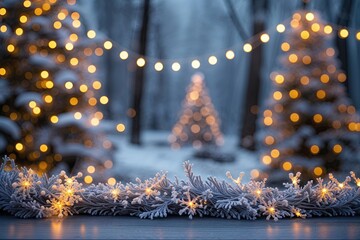 Modern Gray Tabletop Backdrop with Twinkling Fairy Lights and Blurred Winter Scene for Stylish Living Room Decor