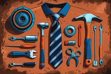 Father's Day Artwork Featuring Ties and Tools on Rustic Brown Backdrop