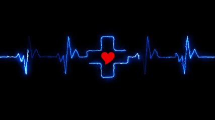 glowing neon heart pulse. Electrocardiogram motion. Emergency ECG monitoring Heartbeat, cardiogram. Neon animation of heartbeat. Love icon animation, relationship concept on black background
