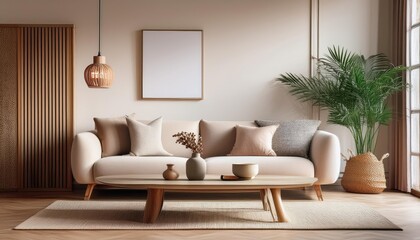 Stylish Living Room Interior Wooden Table and Comfortable Seating in a Cozy Modern Atmosphere, Perfect for Home Decor or Design Inspiration.