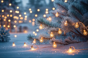 Enchanting Winter Wonderland with Frosty Pine Branches and Sparkling Christmas Lights