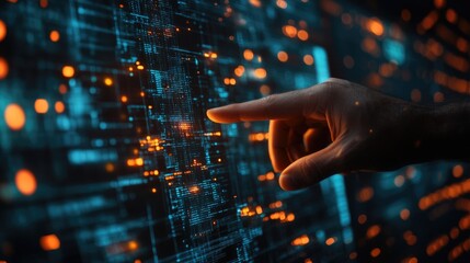 working hand of operator controller over Scada system data base on computer screen at power plant factory.	
