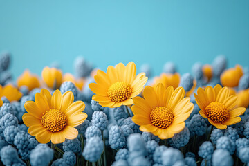 Bright yellow daisies stand out prominently among clusters of soft blue flowers, creating a cheerful and lively floral arrangement perfect for springtime decor or celebrations